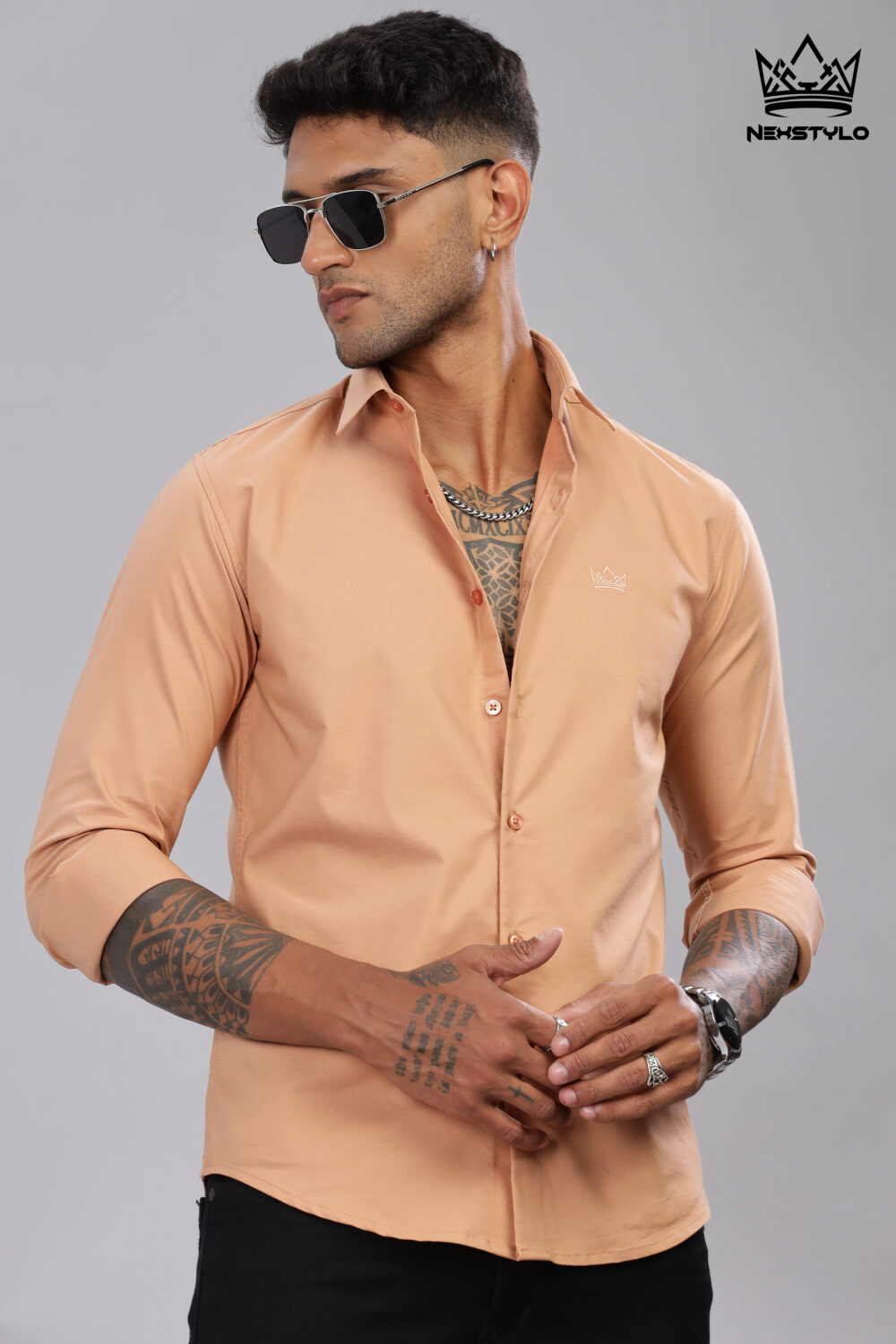 Plain Slim Fit Peach Shirt - Image 4