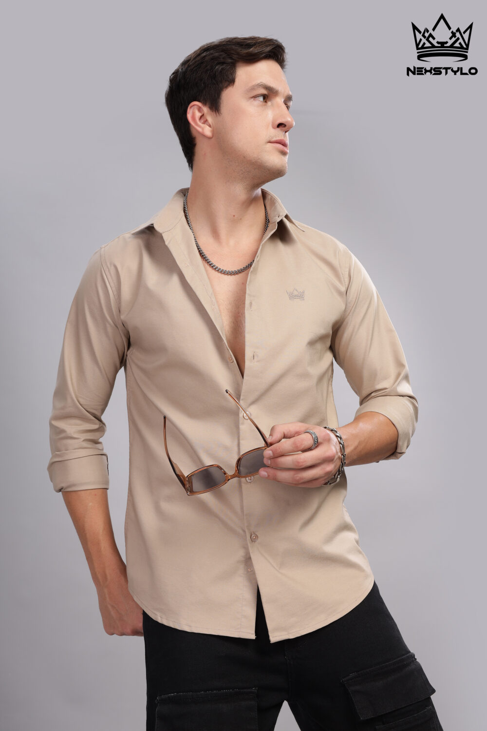 Plain Slim Fit Fawn Shirt - Image 4