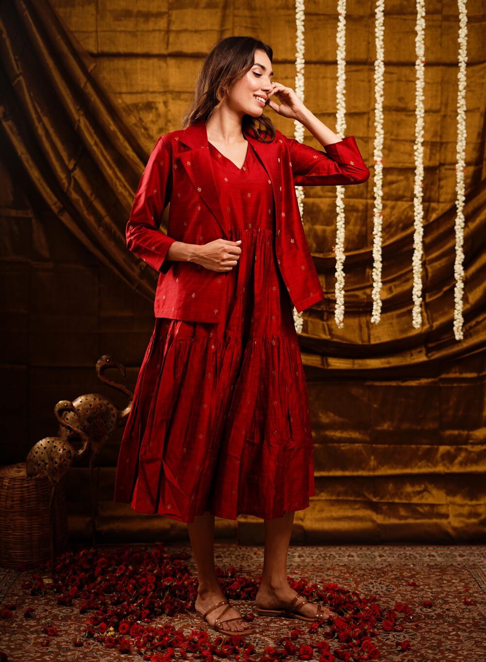 Long Tierd Dress With Jacket Maroon - Image 5