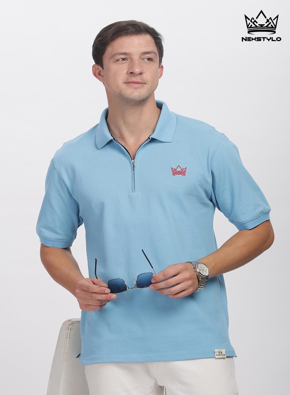 Sky blue Zipper Polo T-shirt