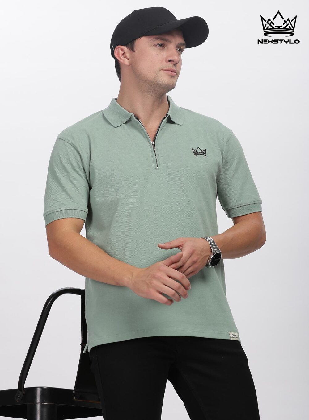 Olive green Zipper Polo T-shirt